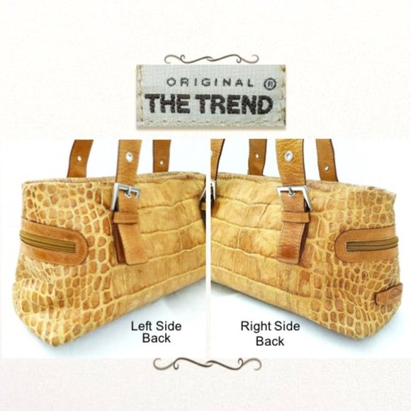 THE TREND Genuine Leather Croc Embossed Carryall Bag Mustard Silver Zip Pockets - Picture 6 of 14
